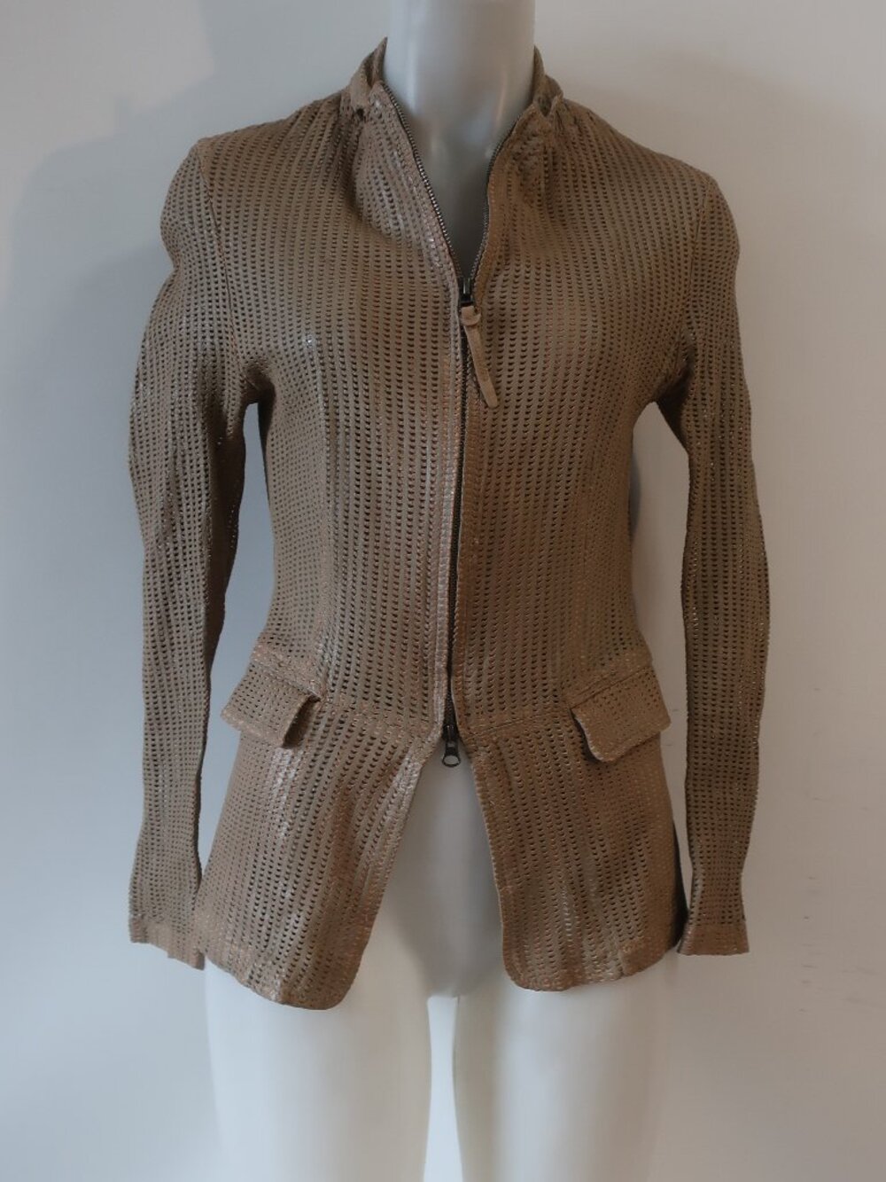Womens Bano eeMee Beige (Item- 305) Full Zip Perforated Leather Jacket XS